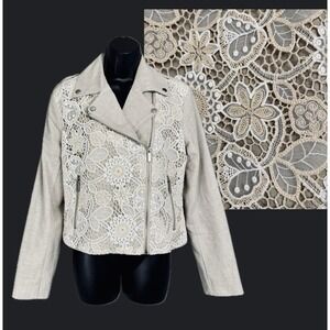 Bagatelle Collection NY Oatmeal Linen Moto Jacket Crochet Lace Overlay SM Zip Up